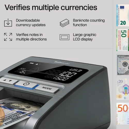 Vista 2 de Safescan Detector de billetes falsificados portátil multidirección, 185-S detección de falsificación de 7 puntos, se adapta a 8 monedas, detecta
