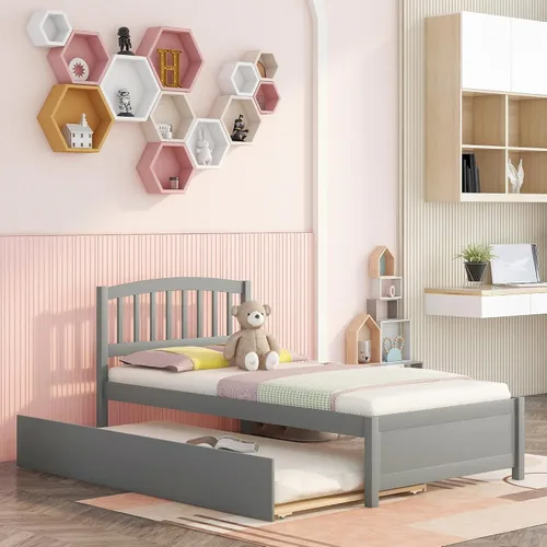 Vista 9 de Base de cama individual de madera maciza para niños con nido y cabecera curvada, base de cama de plataforma de perfil bajo con soporte de listones