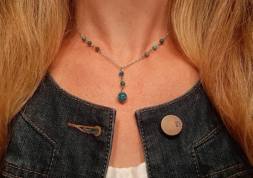 Vista 6 de Natural Crystal Bead Blue Apatite Stone Y Shaped Lariat Necklace Non-Tarnish Steel Chain