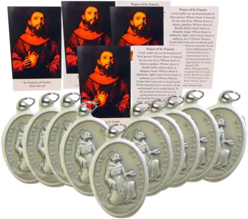 Vista 4 de Westmon Works Medalla de San Francisco para mascotas a granel paquete de diez regalos con tarjetas de oración sagrada, Base Italian metal medals