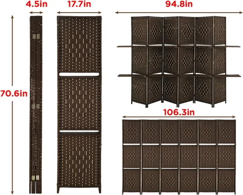 Vista 7 de Pantalla de privacidad plegable de madera de 6 pies de alto, divisor de habitación de 6 paneles con estantes, divisor de división portátil, panel