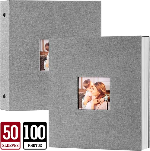 Vista 2 de Lanpn Álbum de fotos de 11 x 14 pulgadas, tapa dura de lino, sin ácidos, deslizante, en fundas para álbumes de fotos con capacidad para 100 imágenes