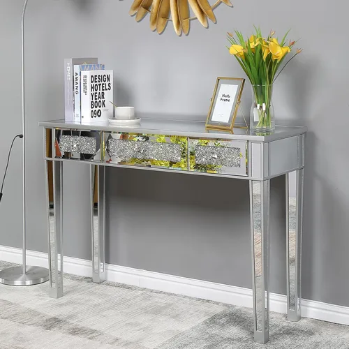 Vista 10 de Henf Mesa de consola con espejo, mesa de tocador de maquillaje, mesa de entrada plateada de 3 cajones para mujeres y niñas, entrada, hogar, oficina