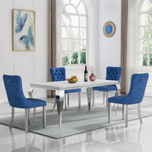 Vista 43 de HomVent Juego de mesa de comedor moderna de mármol sintético para 4 personas, mesa de cocina rectangular con 4 sillas beige (dorado)