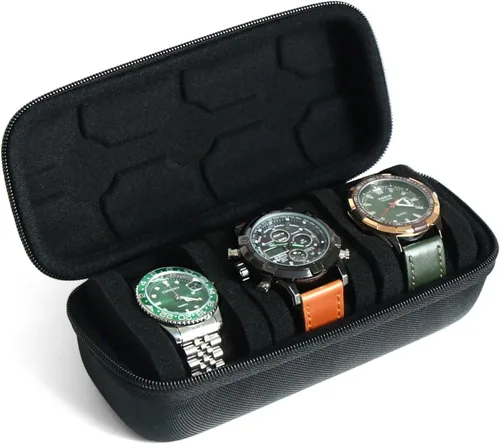 Vista 17 de Caja de viaje para relojes Besforu para hombres y mujeres, caja de almacenamiento portátil y organizador para un solo reloj, para relojes de pulsera