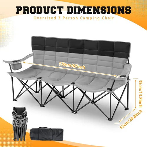 Vista 3 de Teenyyou Silla baja de camping para 3 personas con cojín grueso, silla plegable de gran tamaño para acampar en la playa, 700 libras, sofá biplaza