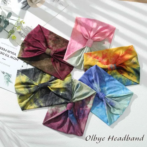 Vista 2 de Olbye Diademas anchas anudadas turbante antideslizantes elásticas para el cabello, teñido anudado, para entrenamiento, yoga, deportes, bandas