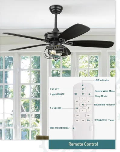 Vista 5 de Melkelen Ventiladores de techo de granja, ventiladores de techo de 52 pulgadas con luces y control remoto, cuchillas de madera de granero rústica