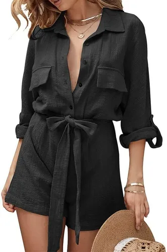 Vista 5 de ZHONKUI Mono de lino liso para mujer, elegante, de verano, manga corta, cuello de solapa, overoles cortos con cinturón