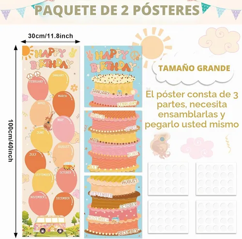 Vista 2 de Lonfliness Tabla de pósteres de feliz cumpleaños, decoración de tablero de anuncios de cumpleaños, estilo retro, bohemio, cumpleaños, aula, puerta