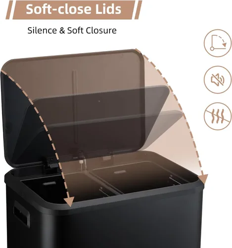 Vista 5 de GlowSol Black Kitchen - Cubo de basura de doble paso y cubo de reciclaje con tapa de cierre suave, cubo de basura sin contacto con pedal y cubo