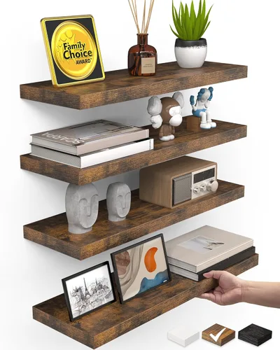 Vista 12 de BAYKA Estantes flotantes para pared, estantes de madera rústica montados en la pared para baño, dormitorio, sala de estar, cocina, estante colgante