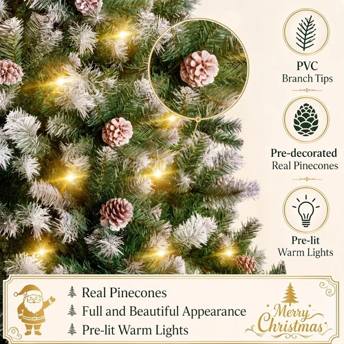 Vista 2 de Árbol de Navidad artificial esmerilado preiluminado con piñas, 7.5 pies Verde con piñas