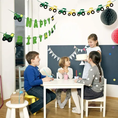 Vista 7 de Juego de pancartas de cumpleaños de tractor verde con guirnalda de tractor para decoración de fiestas de cumpleaños con temática de tractor