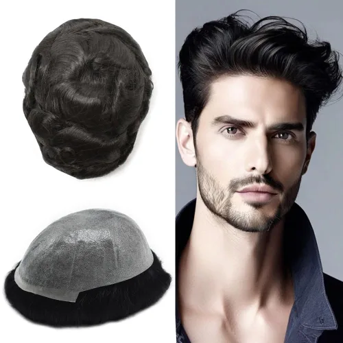 Vista 74 de 0.002 in ultra fina piel tupé Remy cabello humano piezas para hombres V-Looped sistema de pelo para hombre tupé pelo tupé para hombres protesis