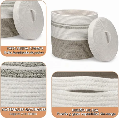 Vista 3 de Cesta de lavandería Goodheim con tapa, cesta de lavandería tejida, cesta de almacenamiento para mantas y juguetes para sala de estar, dormitorio