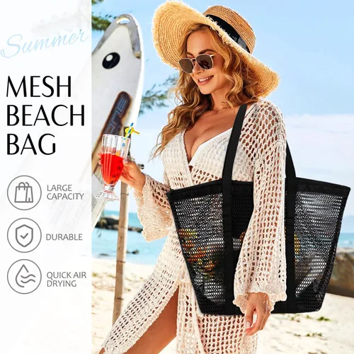 Vista 5 de hatisan Bolsa de playa de malla, bolsas de playa mejoradas para mujer, bolsa de malla, bolsa hobo, accesorios de playa