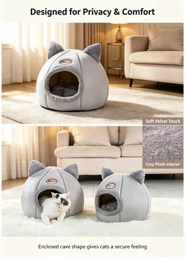 Vista 6 de Camas para gatos de interior, mullidas y acogedoras, casa para gatos Gris
