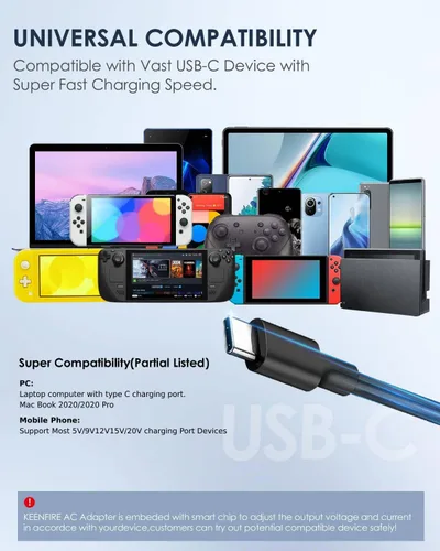Vista 6 de Cargador de 45 W para Steam Deck, Nintendo Switch, Switch Lite OLED de carga súper rápida de 6.5 pies, cable plegable para modo de TV, fuente