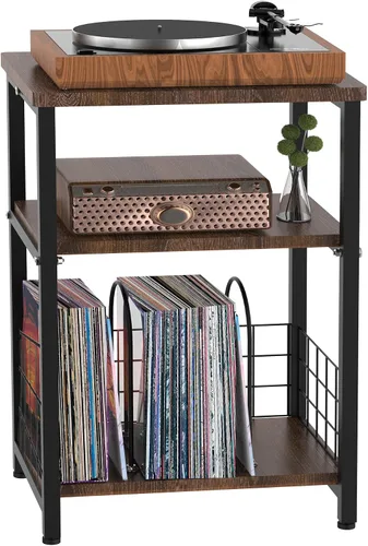 Vista 10 de Soporte para tocadiscos de vinilo, mesa auxiliar de 3 niveles con doble capa, color negro Turntable Record Stand Storage Up to 100 Albums