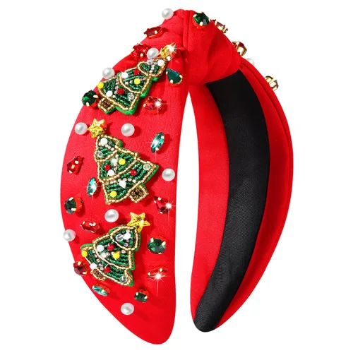 Vista 23 de Diadema de Navidad para mujer, accesorios de Navidad con cuentas, arco de Navidad, árbol, copo de nieve, diadema anudada HOHOHO, rojo y verde, perla