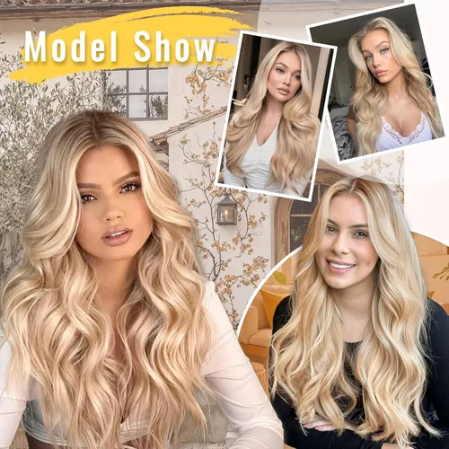Vista 6 de Extensiones de cabello con clip de Vigorous de 20 pulgadas, con reflejos rubio playa, extensiones de cabello ondulado largo y suave de cabello