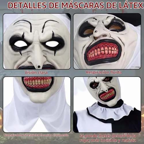 Vista 4 de Disfraz de payaso artístico para cosplay, disfraz de terror de Halloween, payaso asesino, traje de terror con overol de máscara de látex, cuchillo