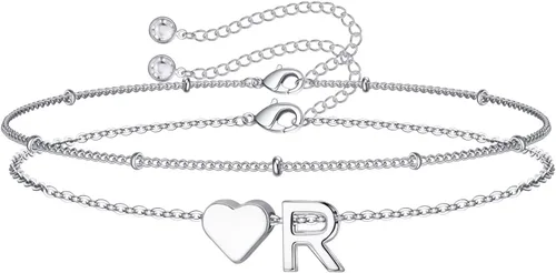 Vista 21 de M MOOHAM Pulseras de oro con inicial de corazón para mujer, pulseras con dije de letra A-Z de corazón dorado en capas para mujer, pulseras