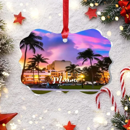 Vista 6 de Florida USA - Adornos de Navidad acrílicos de Miami, paisaje urbano, decoraciones de Navidad para árbol de viaje, recuerdo, adornos de Navidad