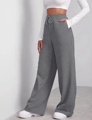 Vista 3 de Pantalones deportivos de pierna ancha para mujer, elásticos, de cintura alta, con cordón y bolsillos
