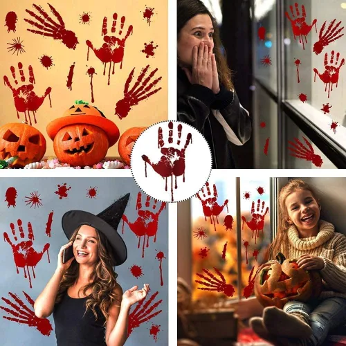 Vista 7 de Decoraciones de Halloween, 8 hojas/95 piezas de huellas de manos sangrientas, calcomanías de pared para el suelo, huellas de terror para el hogar