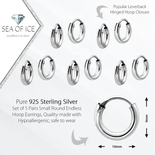Vista 2 de Pendientes de aro redondos de plata de ley 925 de 0.394in para mujer, juego de 5 pares