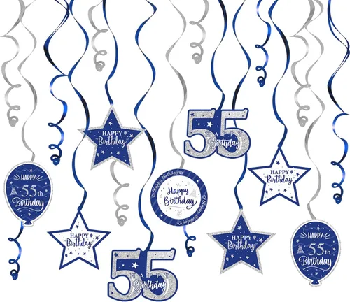 Vista 18 de Decoración de fiesta de serpentinas con purpurina azul y plateada de feliz 11º cumpleaños, 15 piezas de remolinos colgantes de 11 cumpleaños, cartel