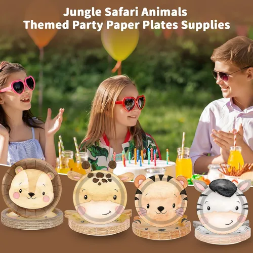 Vista 4 de Naozinebi 60 platos de fiesta de animales de la selva, platos de papel con forma de animales de safari, zoológico, selva, desechables, decoraciones