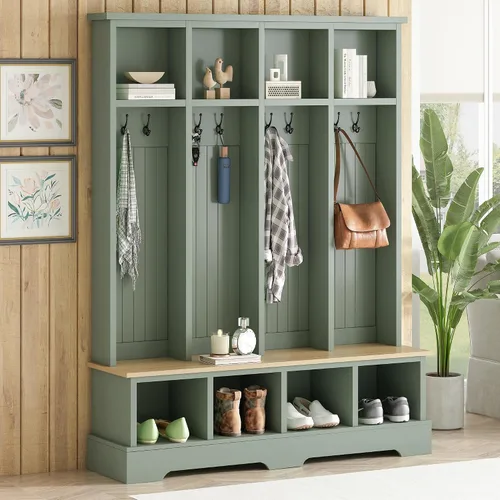 Vista 15 de JIVOIT Farmhouse Wood Hall Tree with Coat Hooks, Cabinets, 4 Drawers, Hooks (Ancient White/ 091)