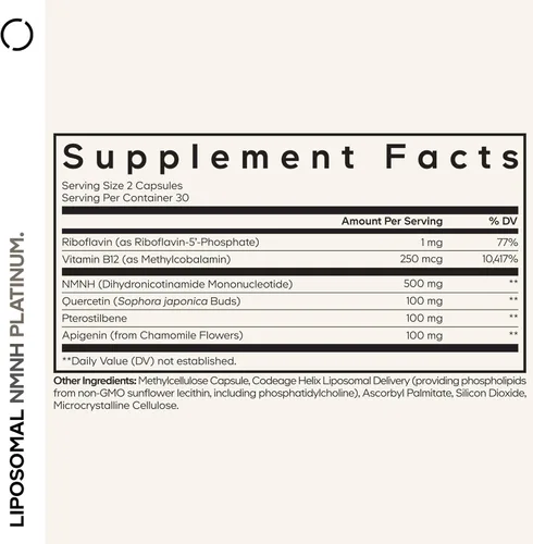 Vista 2 de Codeage Platino liposomal NMNH Platino, suplemento de 500 mg de NMNH, precursor de NAD+ con quercetina, pterostilbeno, apigenina, vitaminas B