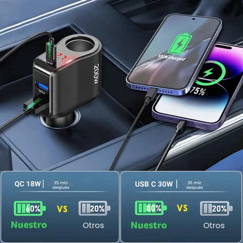 Vista 3 de Adaptador de cargador de coche PD USB C de 200 W: divisor de enchufe de encendedor de cigarrillos de 12 V Enchufe de CC de 12 voltios Toma
