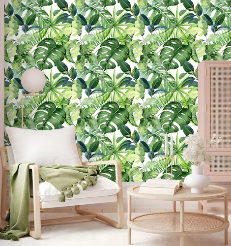 Vista 4 de HAOKHOME Papel tapiz tropical para despegar y pegar, hojas de palma, bosque de selva, papel de pared extraíble para decoración del hogar, 17.7 x 118