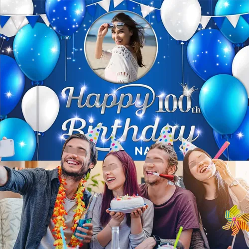 Vista 6 de Cartel decorativo personalizado de feliz cumpleaños número 100 – Cartel personalizado de fiesta de cumpleaños azul marino en tamaños grandes, fotos