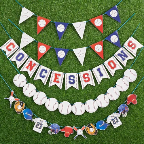Vista 9 de Decoraciones de fiesta de béisbol preencordadas con concesiones y pancartas para el día del juego, suministros de fiesta de béisbol de feliz
