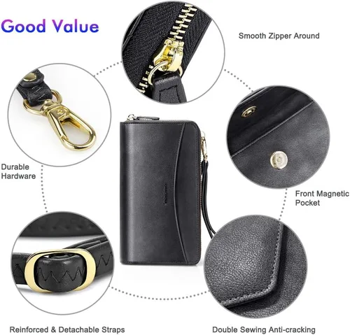 Vista 5 de nuoku Cartera RFID para mujer, bolso cruzado con cremallera alrededor de 2 correas