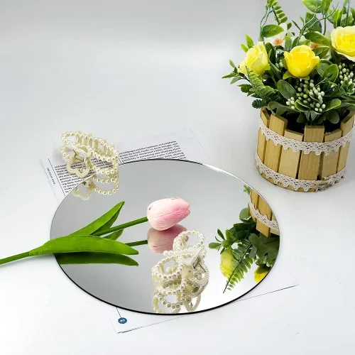 Vista 3 de Espejo con forma de círculo de 10 pulgadas para decoración de habitación, espejo acrílico con soporte de madera, espejo de maquillaje sin marco