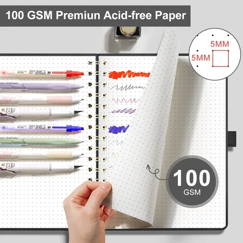 Vista 3 de EMSHOI Cuaderno de espiral con puntos, tapa dura de cuero, papel grueso de 3.53 oz/m², cuaderno de cuadrícula de puntos de 0.197 in para diario