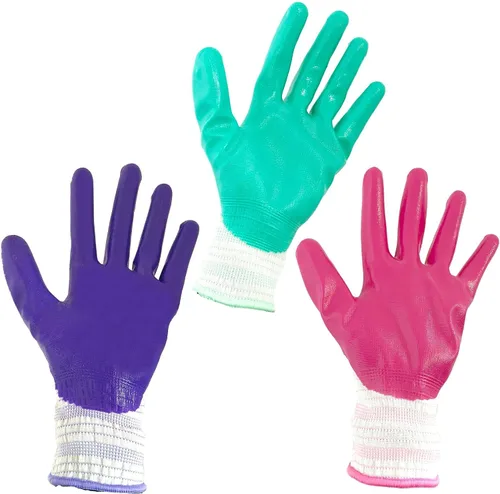 Vista 6 de ArtAK Guantes de jardinería para mujer, 3 pares, ligeros y transpirables, revestimiento de nitrilo, flexibles y protectores, lavables a máquina