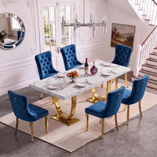 Vista 17 de Henf Mesa de comedor rectangular de mármol sintético blanco de 70 pulgadas Blanco & Oro