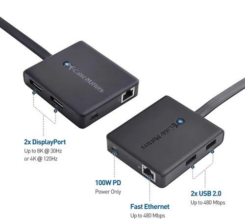 Vista 2 de Cable Matters Hub USB C de monitor dual 4K con DisplayPort 1.4, 100W PD 2 x 4K @60Hz DP, solo Windows, macOS no compatible, Thunderbolt 4/3 y USB4
