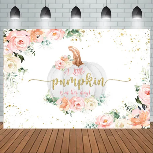 Vista 3 de Telones de fondo de calabaza para baby shower, decoración de fondo rosa floral de otoño para niñas recién nacidas (7 x 5 pies)