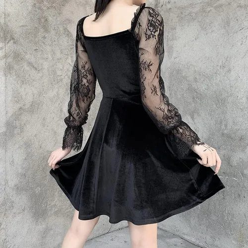 Vista 7 de Insgoth Vestido corto gótico Y2K para mujer, sexy, cuello en V, cintura alta, acampanado, vestido de fiesta de Halloween