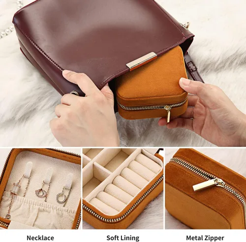 Vista 4 de Joyero de viaje de terciopelo de felpa, pequeña caja de joyería de viaje, caja de joyería portátil, mini organizador de almacenamiento, caja