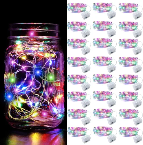 Vista 23 de Aogist Paquete de 24 luces de hadas, 3 modos, 2,1 metros, 20 luces LED, impermeables, cable plateado, funcionan con pilas, mini luces de alambre